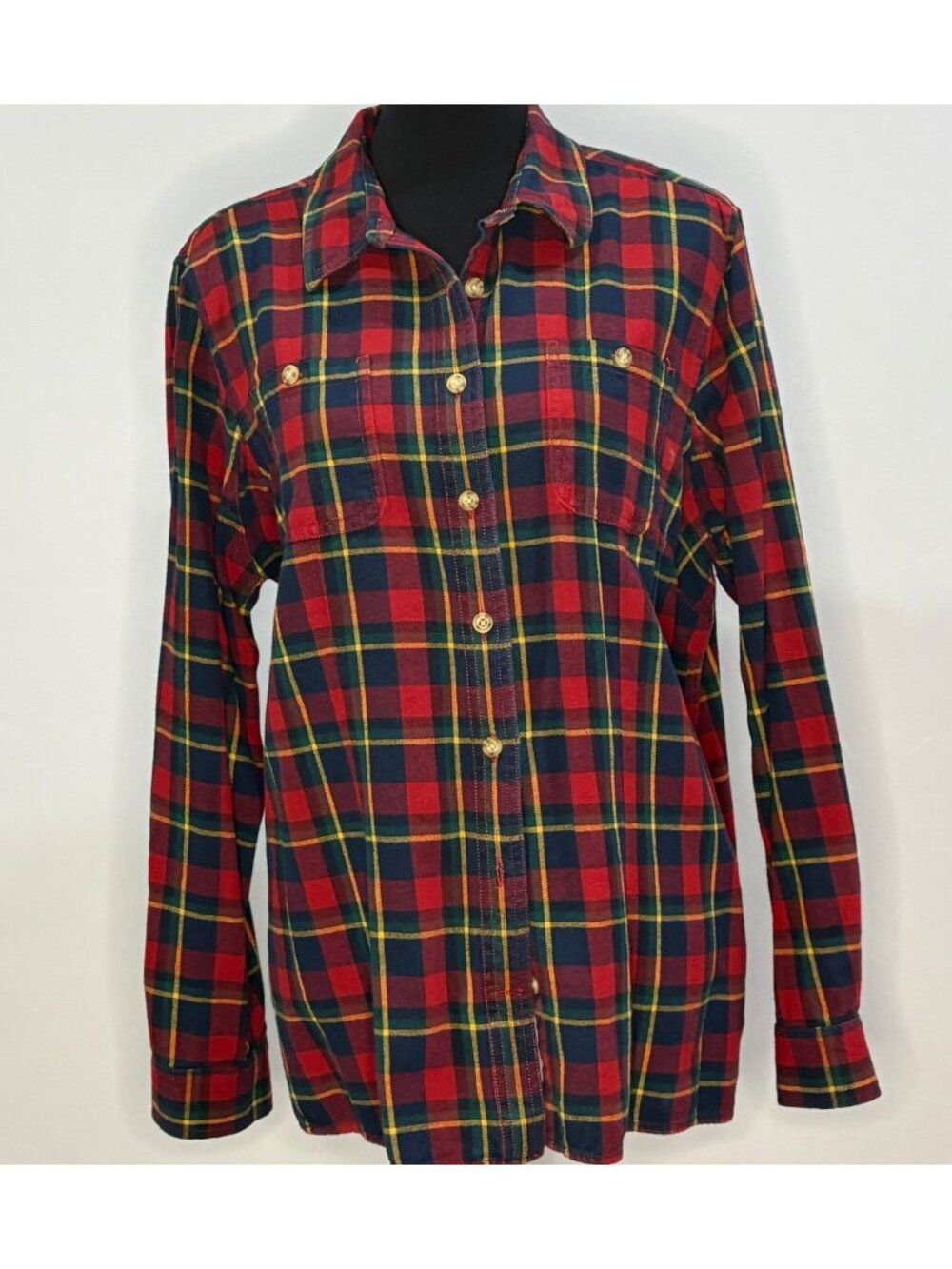Duluth Trading Co XL Red & Navy Plaid Flannel Shirt 100% Cotton Button Front